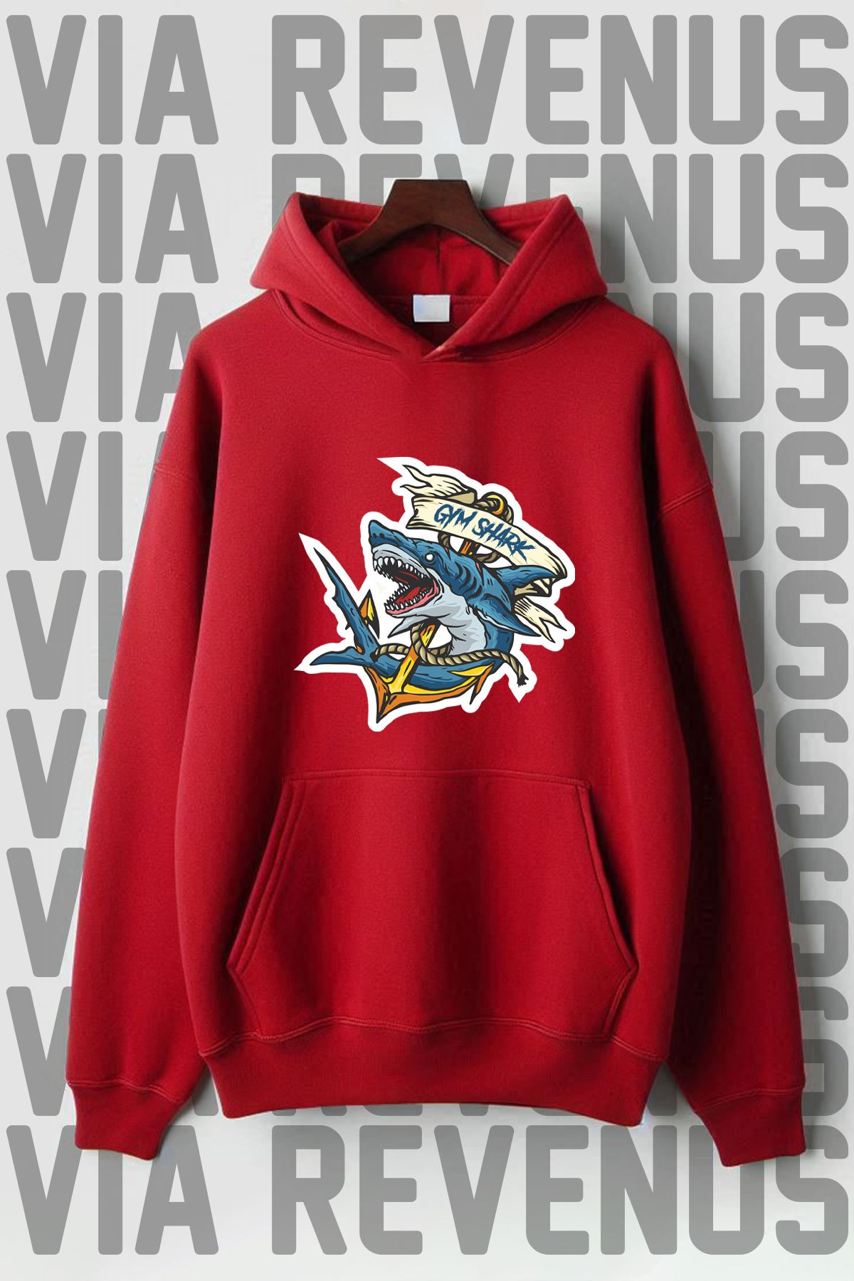 Vordevia Gym Shark Printed - Hanorac Supradimensionat Cu Glugă Cu Buzunar Cangur Cu 3 Fire Unisex - XL