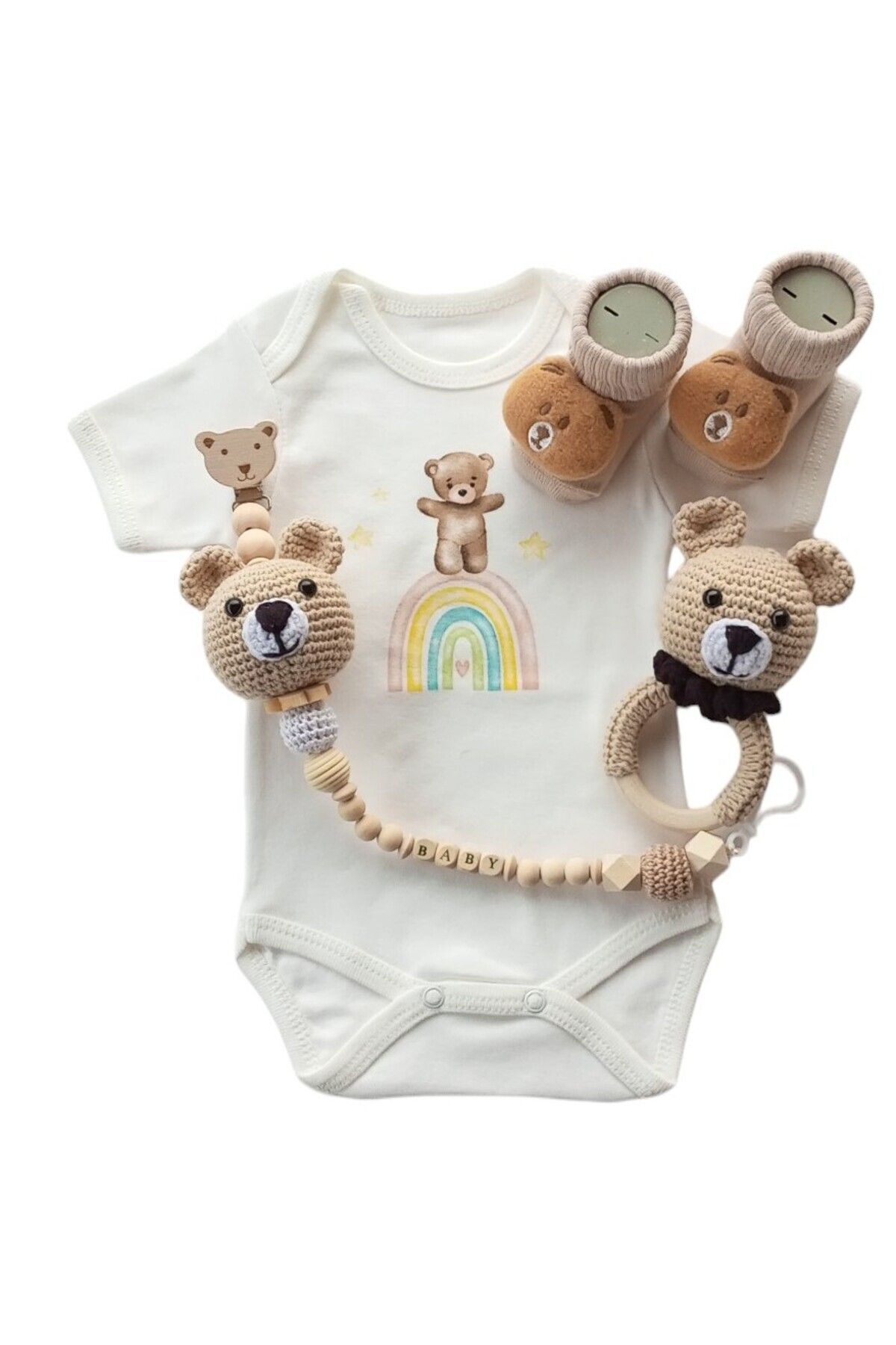 Style Baby Amazing Unisex, Yenidoğan Bebek, Amigurumi Isimli Emzik Askısı Ve Ayıcık Baskılı Badi Hediye Seti fotoğrafı 2 (önizleme)