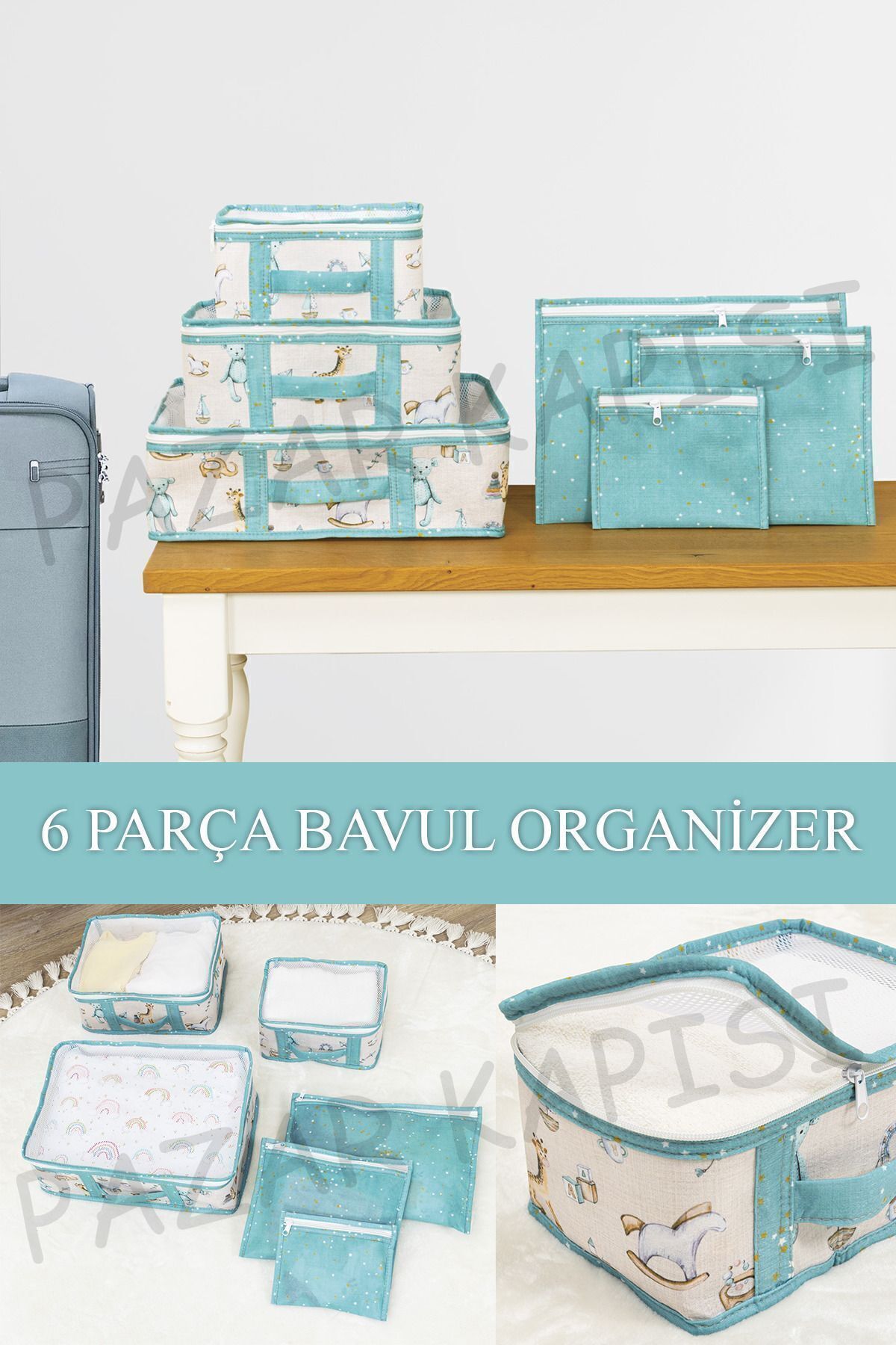 Pazar Kapısı Baby Lüks 6'lı Bavul Organizer Seyahat, Hastane Çantası Mavi