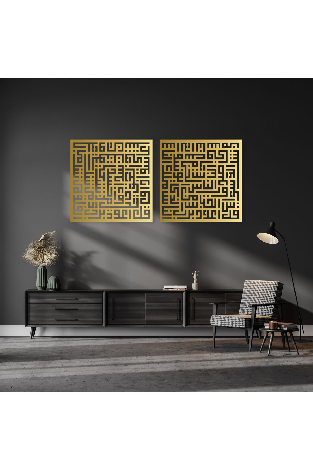 FALAK AND NAS TIME KUFI CALLIGRAPHY 2 PIECE WALL PAINTING, HOME OFFICE WALL DECOR  (60 CM X 60 CM)