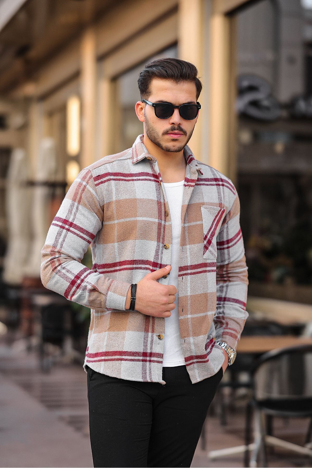 پیراهن پارچه ای ضخیم آستین بلند مردانه چهارخانه راه راه بژ Mero Life