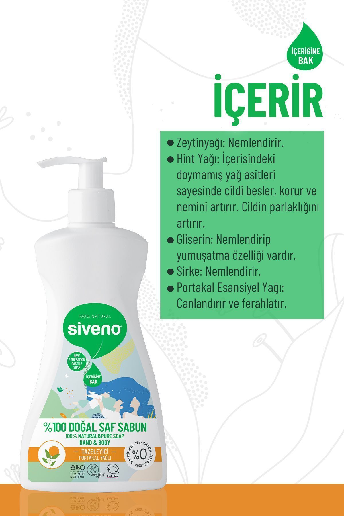Siveno %100 Doğal Sıvı Kastil Sabun Portakal Yağlı Yoğun Nemlendirici Arındırıcı Bitkisel Vegan 300 ml fotoğrafı 4 (önizleme)