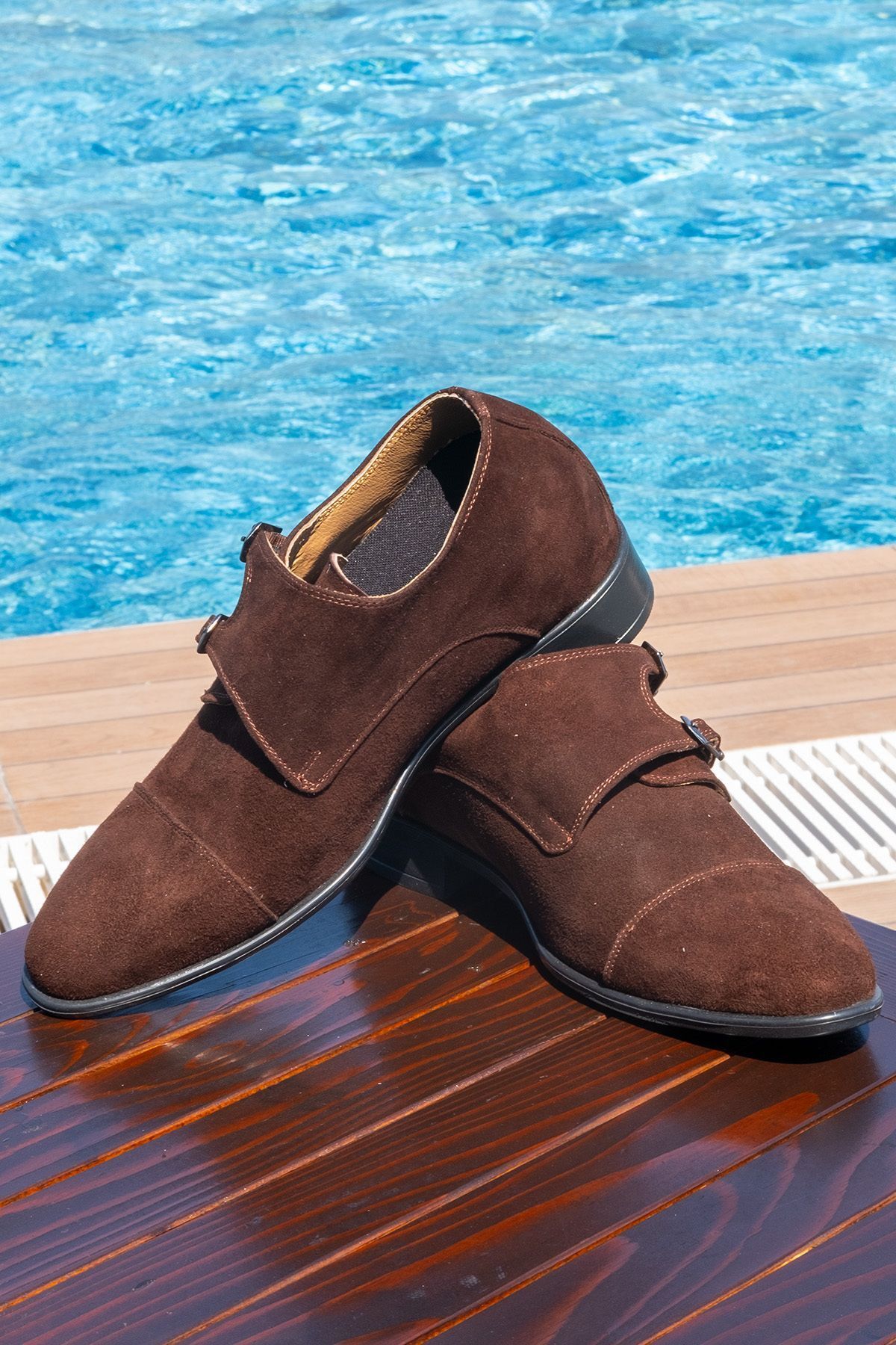 Elevold Piele Naturală Lucrată Manual, Piele De Căprioară Maro Cu Cataramă +7/9 Cm Înălțime Cu Toc Ascuns Pantofi Clasici Masculin - 40