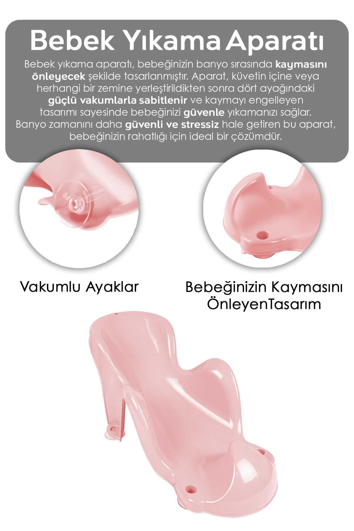 Vakum Tabanlı Bebek Yıkama Banyo Aparatı - Bebek Yıkama Koltuğu Küvet Oturağı - Pembe 2