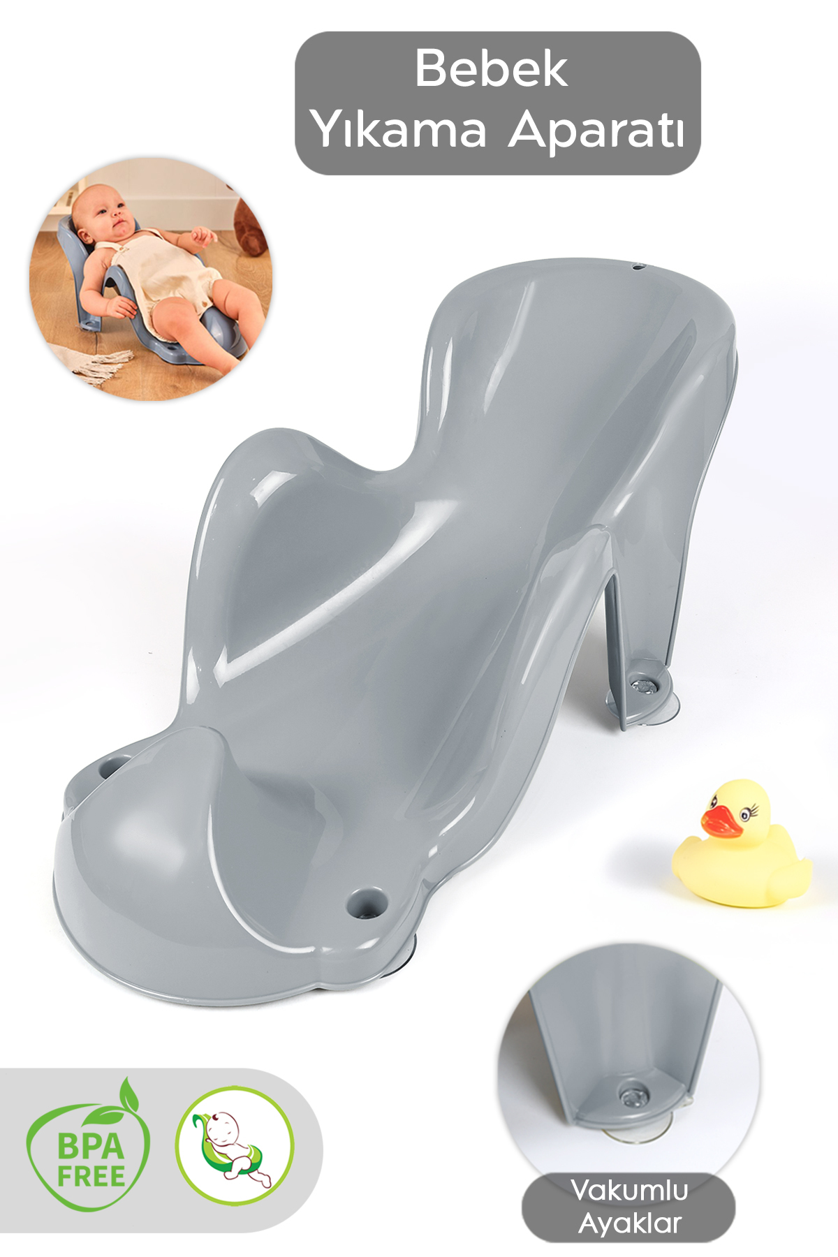 Vakum Tabanlı Bebek Yıkama Banyo Aparatı - Bebek Yıkama Koltuğu Küvet Oturağı - Gri