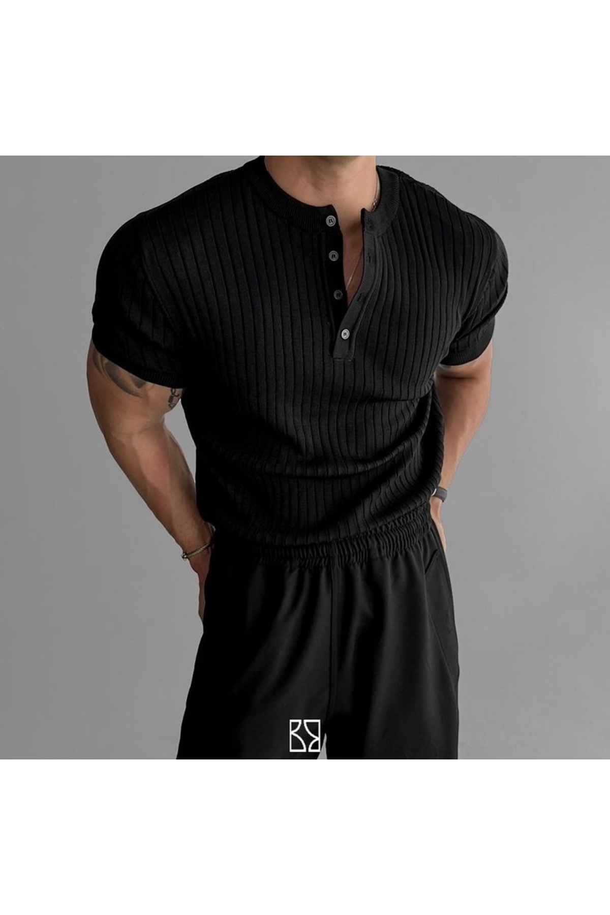 BLUE STREET  Siyah Slim Dar Hakim Yaka Düz Triko T-Shirt - Görsel 2