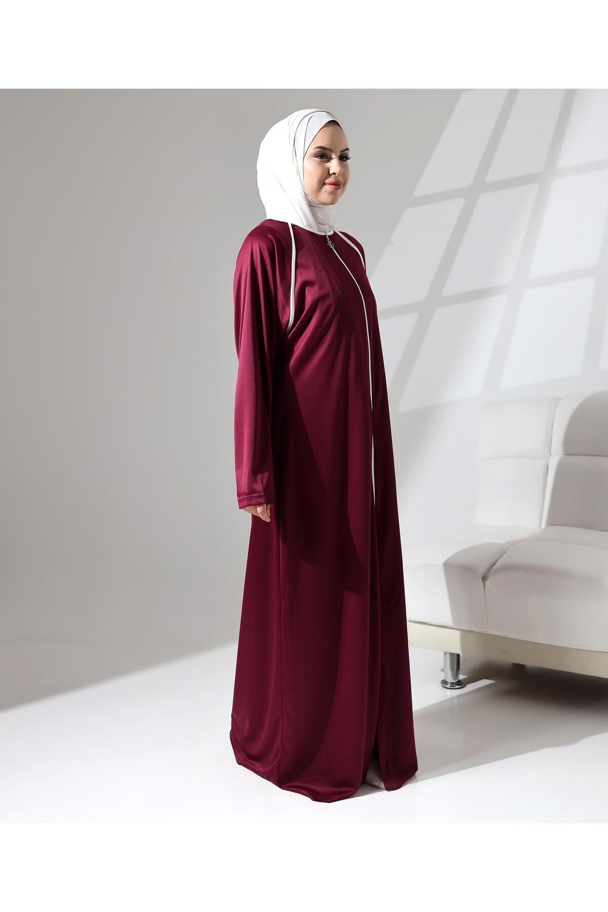 Berel Moda Boydan Fermuar Kapamalı Denye Günlük Oversize Namaz Ferace - Bordo