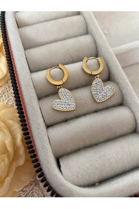 stainles steel Gold  renk zirkon taşlı kalp figürlü çelik küpe