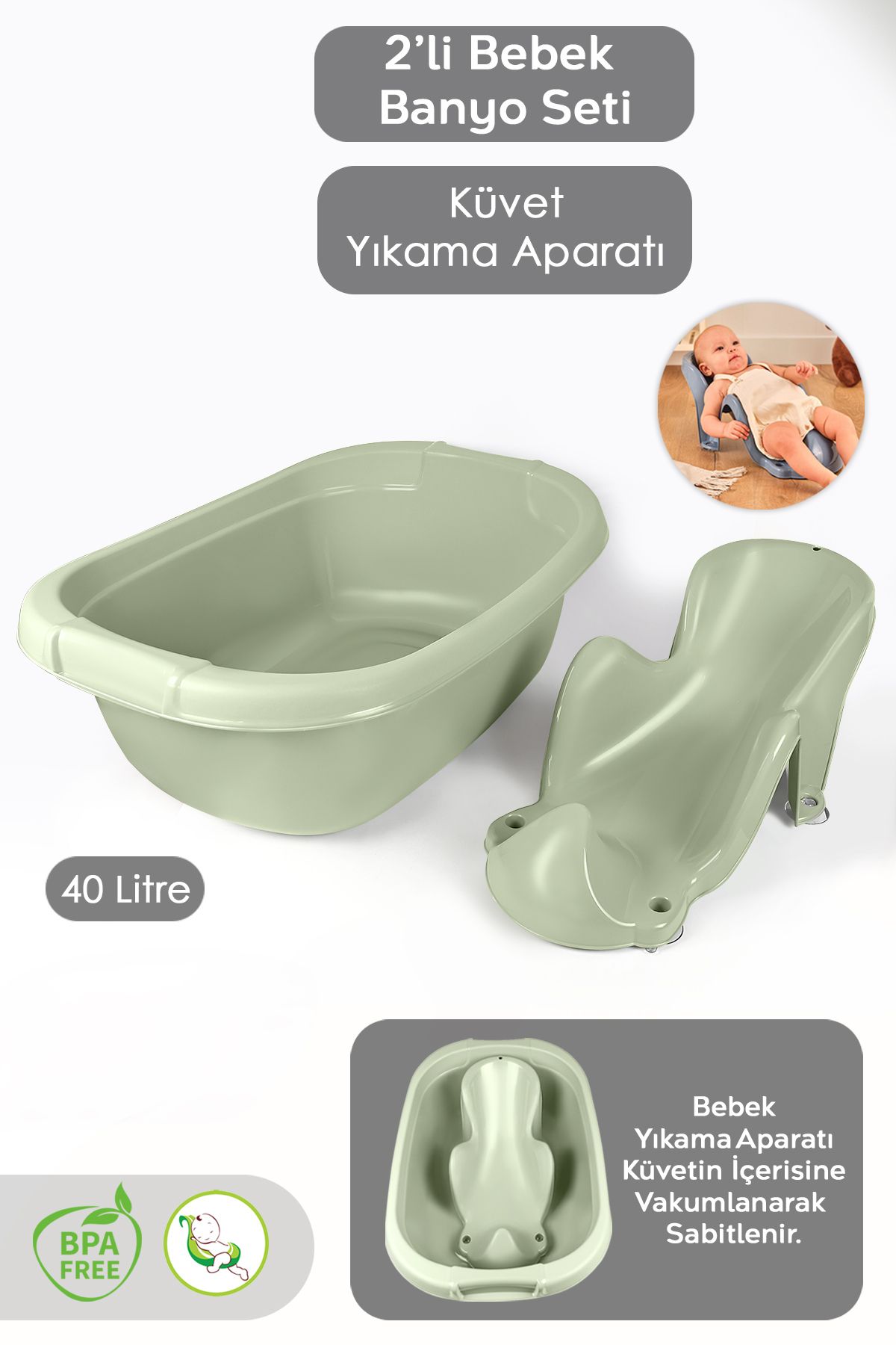 Meleni Baby 2'li Bebek Banyo Seti - Bebek Yıkama Küveti - Vakum Tabanlı Yıkama Aparatı Oturağı - Yeşil