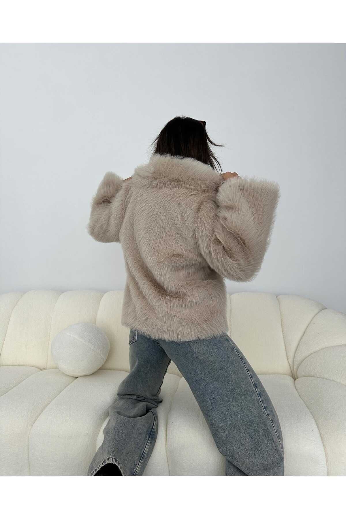 candybia  Kadın Yeni Sezon Şal Yaka Oversize Kürk - Görsel 4