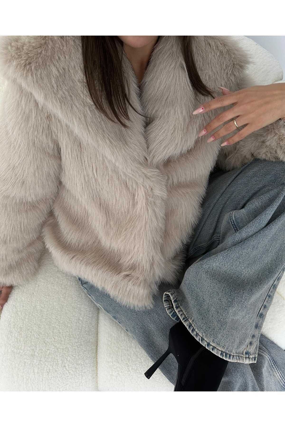 candybia  Kadın Yeni Sezon Şal Yaka Oversize Kürk - Görsel 3