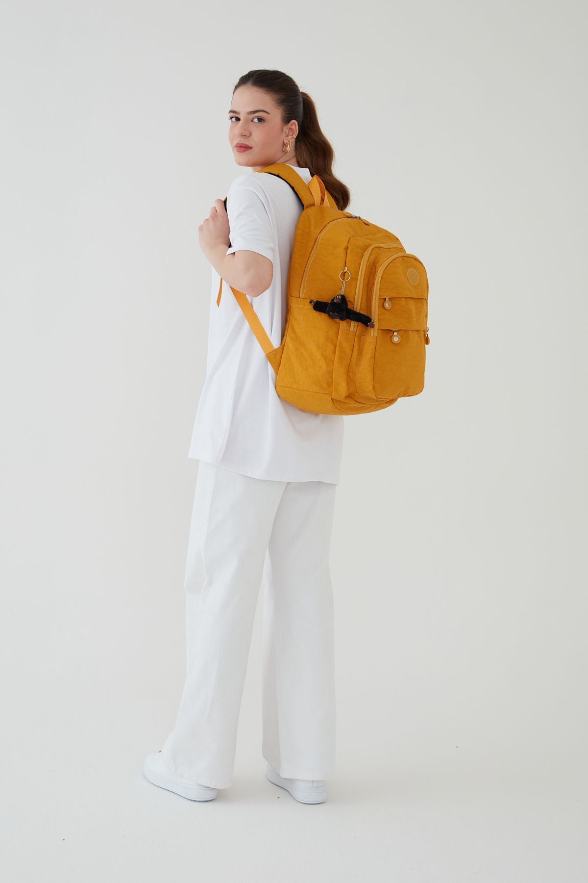 Rosso Collina Unisex Krinkıl Kumaş Su itici Büyük Boy Çok Gözlü Hardal Seyahat Sırt Çanta Lise Ortaokul universite görsel 4