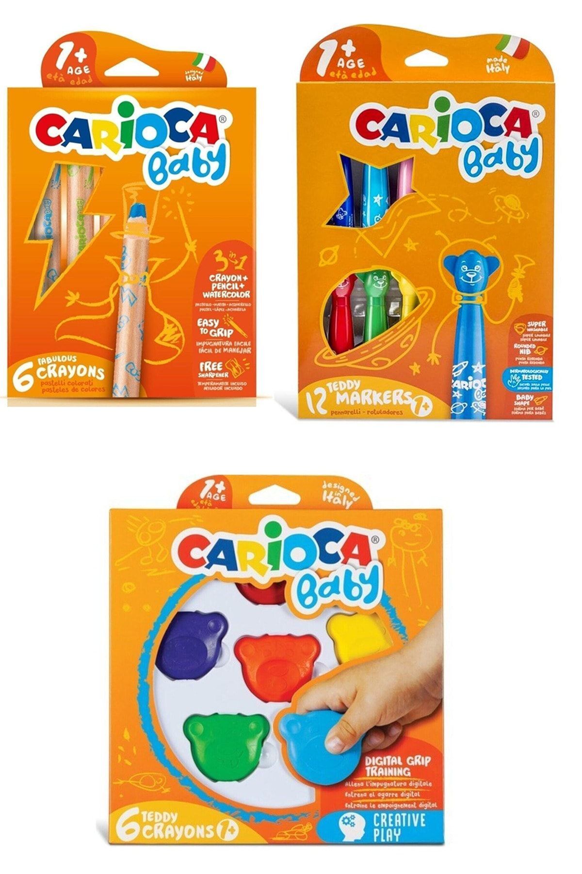 CARIOCA Yeni Bebek Boya Seti - 12'li Baby Keçeli Kalem - Ahşap Kuru Boyama Kalemi Ve 6'lı Mum Boya Teddy