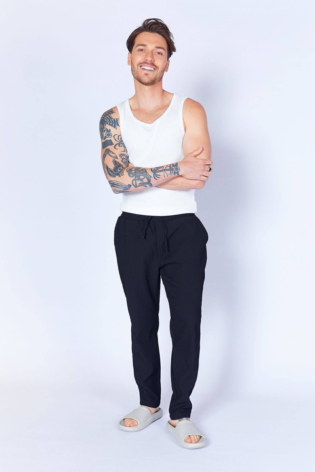 Siyah Ottoman Beli Lastikli Esnek Jogger Pantolon | MES617849-01