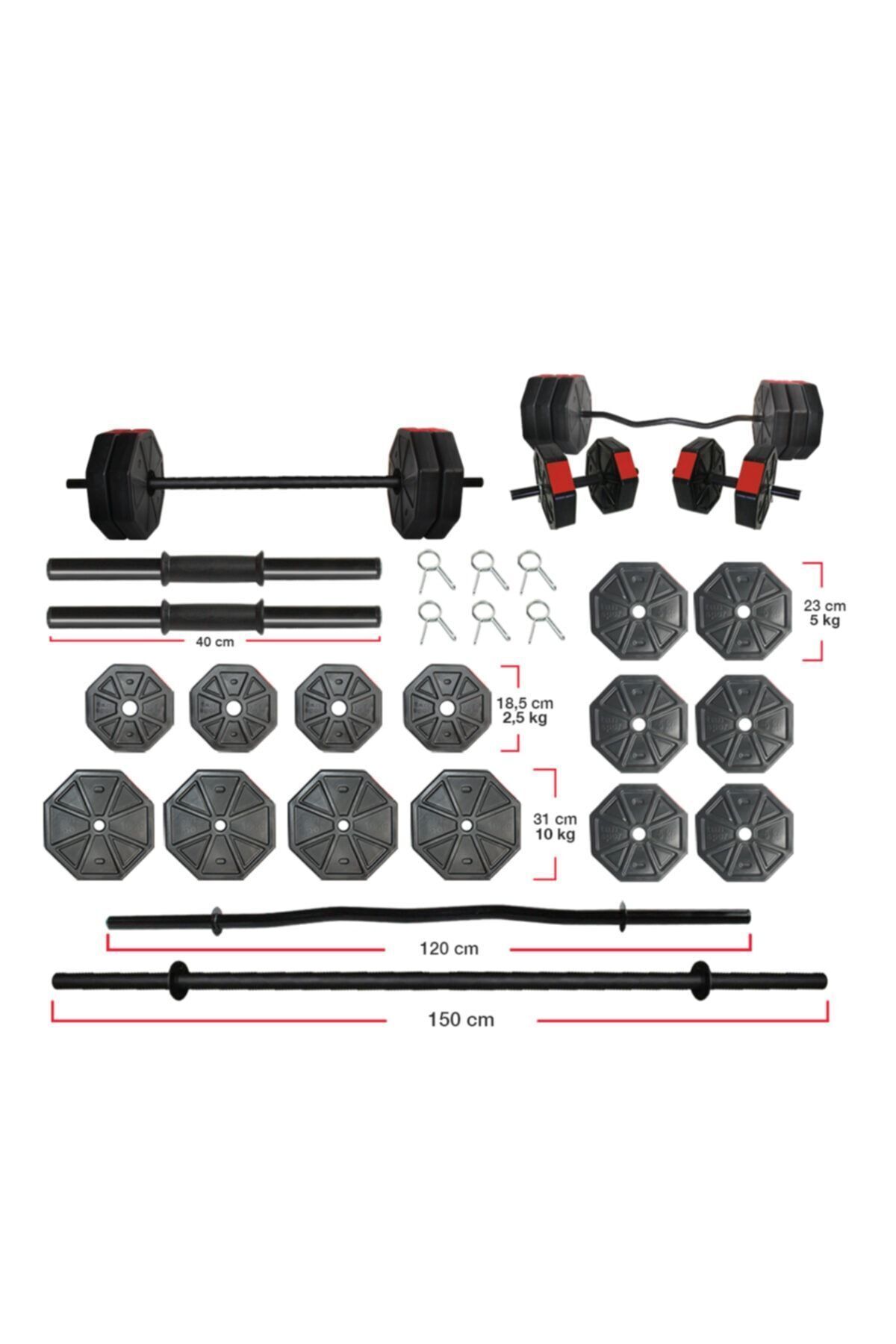 TAN SPOR 80 Kg Düz Bar (150 CM) Z Bar ( 120 Cm )dambıl Halter Ağırlık Full Seti Kırmızı Kapaklı