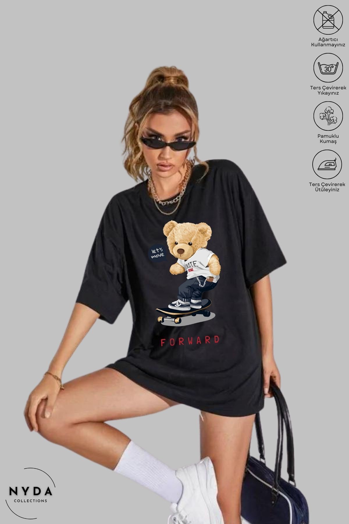 Nyda Collections-Tricou cu mânecă scurtă unisex cu ursuleț de pluș imprimat din bumbac 3
