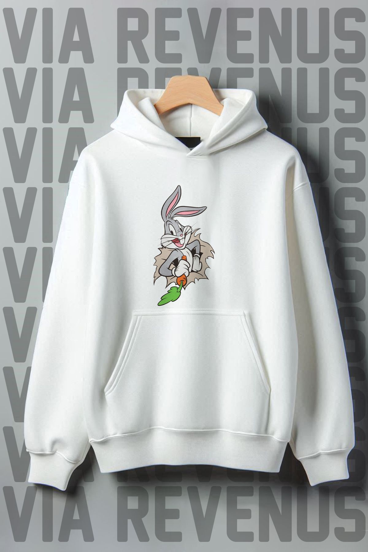 Vordevia Hanorac Cu Glugă Supradimensionat Cu Imprimeu Bugs Bunny - Buzunar Cangur, Raster Cu 3 Fire Unisex - M
