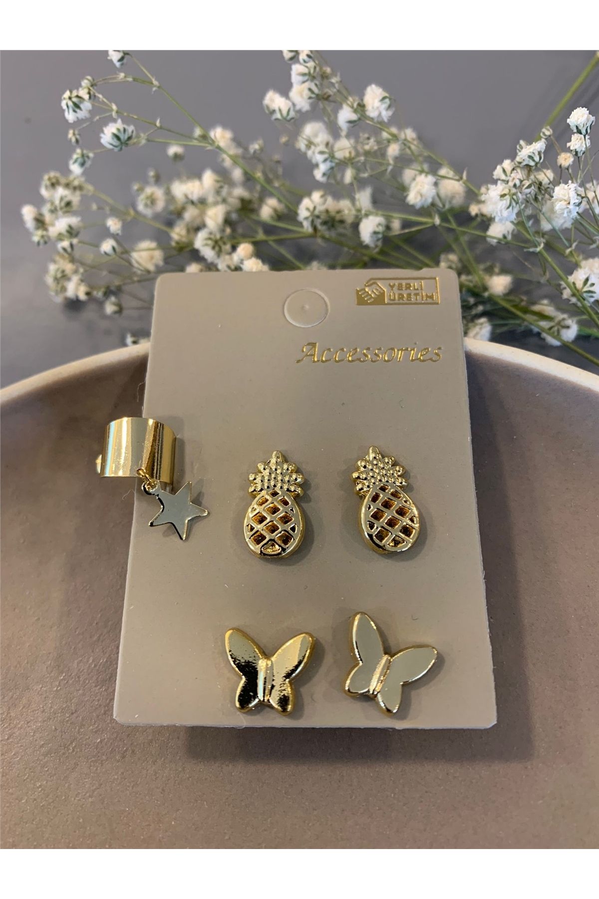 Pelin Aksesuar Pineapple Butterfly Star Piercing Earring Set Trendyol