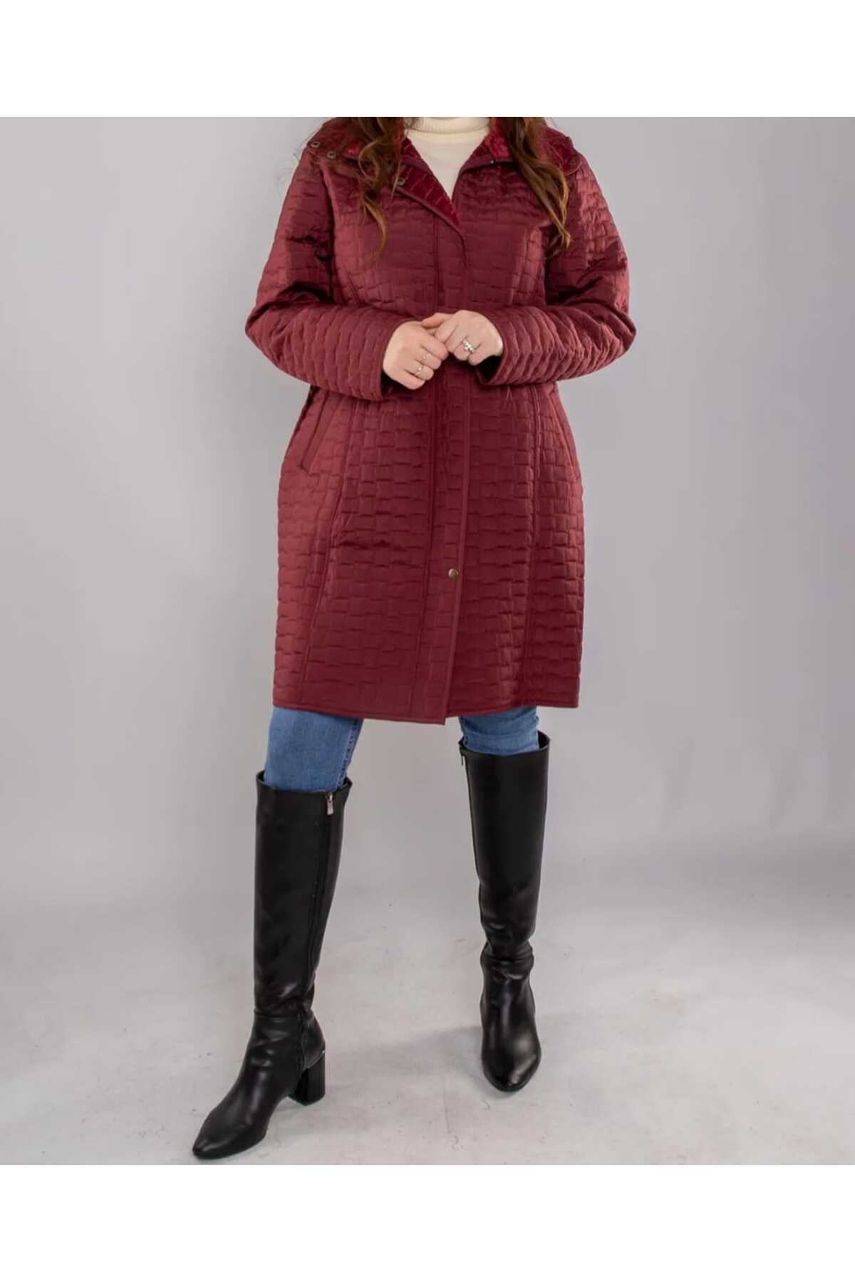 YASEŞA BUTİK GENÇ ANNE KADIN BÜYÜK BEDEN BORDO SU GEÇİRMEZ KAPŞONLU FERMUARLI ÇITÇITLI İÇİ POLARLI KAPİTONE MONT