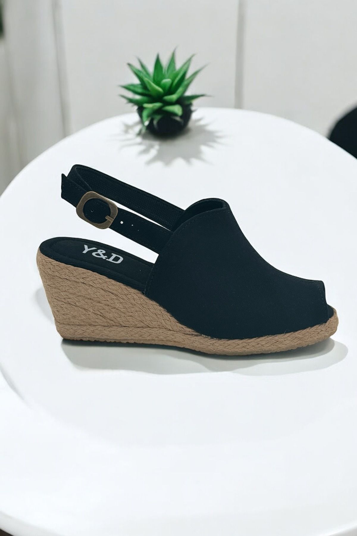 Y&D Shoes Dolgu Topuk Burnu Açık Keten Sandalet Espardil