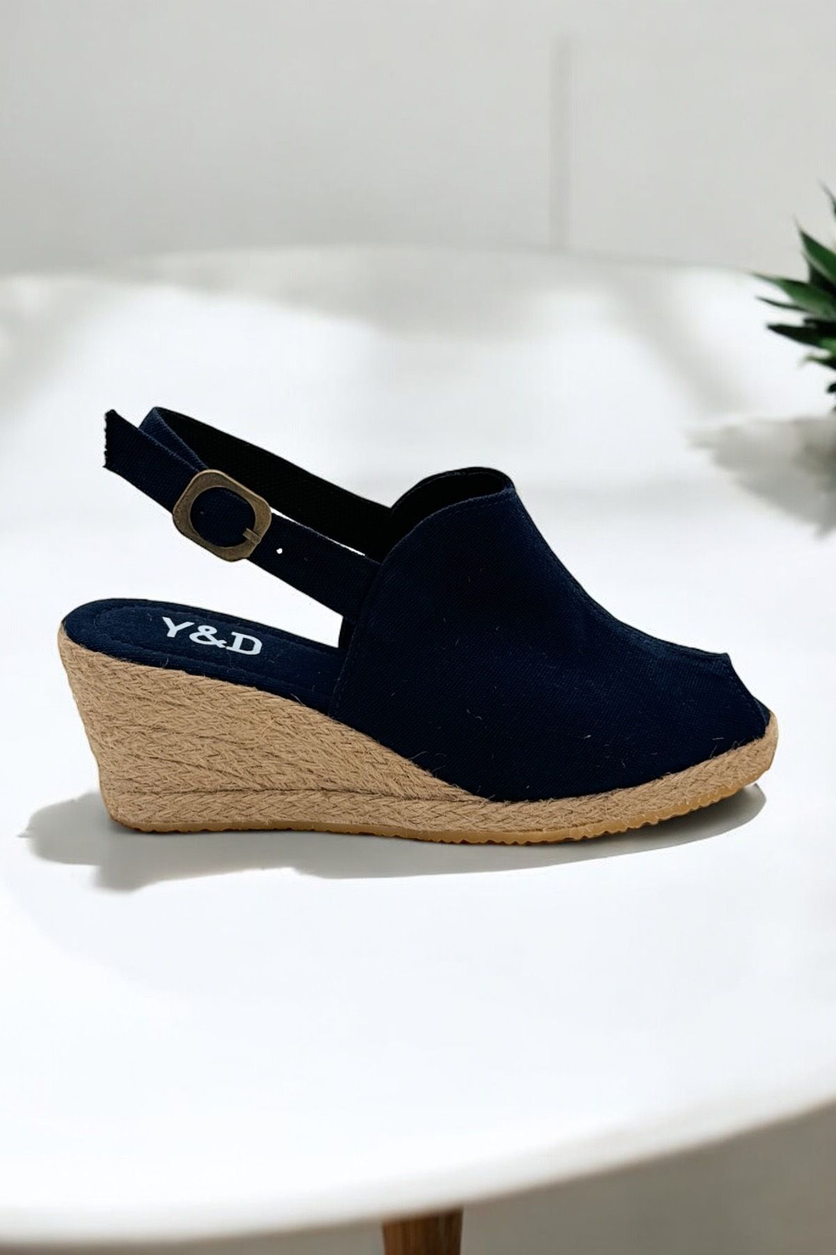 Y&D Shoes Dolgu Topuk Burnu Açık Keten Sandalet Espardil