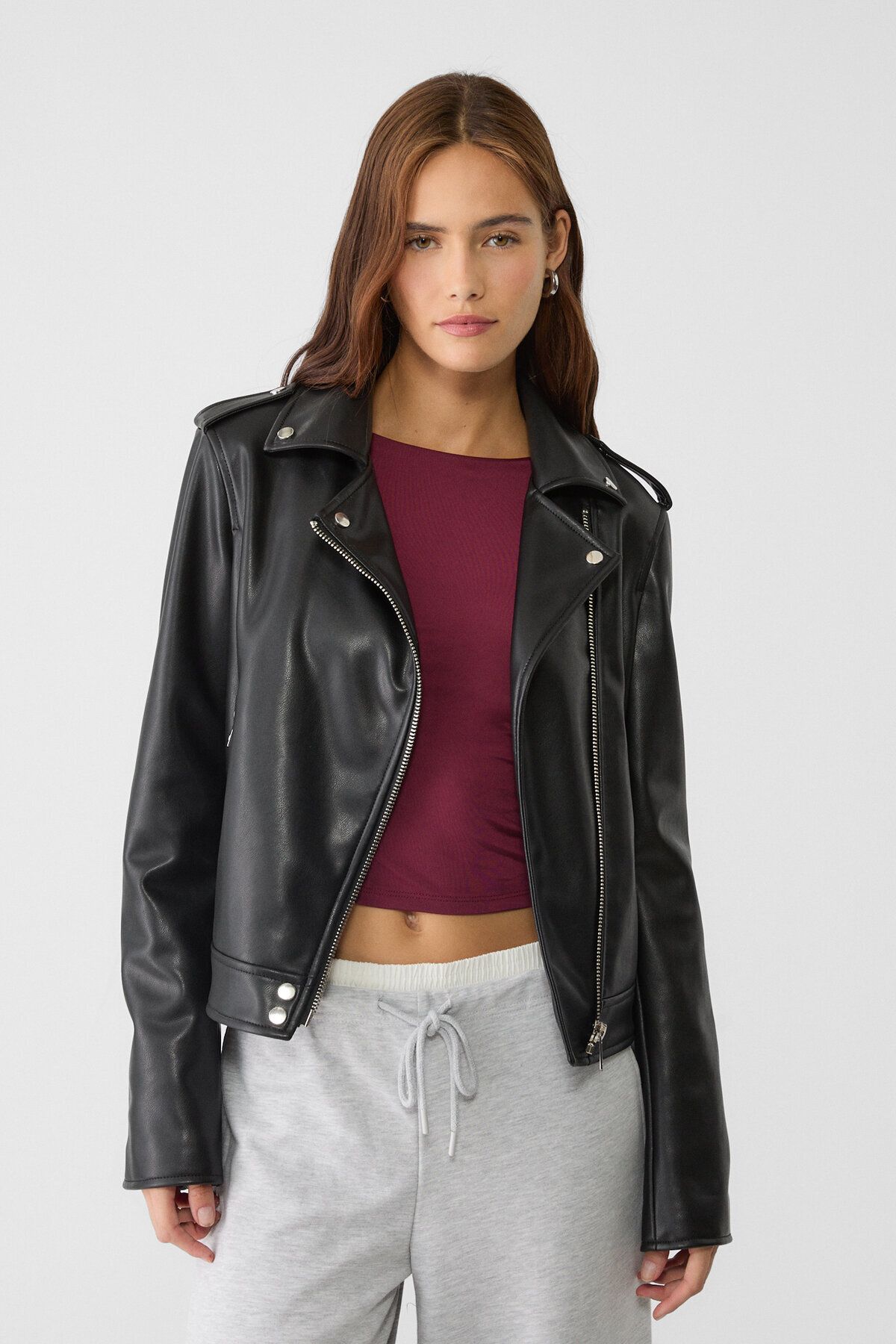 Stradivarius Faux Leather Biker Jacket Trendyol