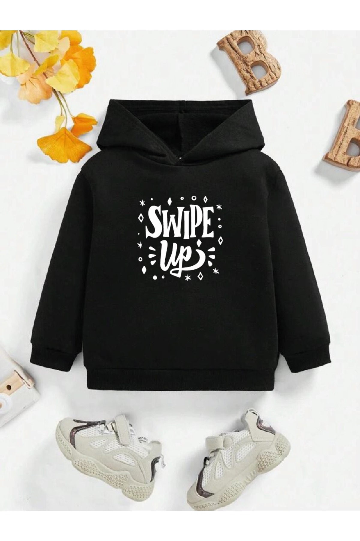 Girls-Boy Black Swipe Up Front Printed Hooded Sweatshirt