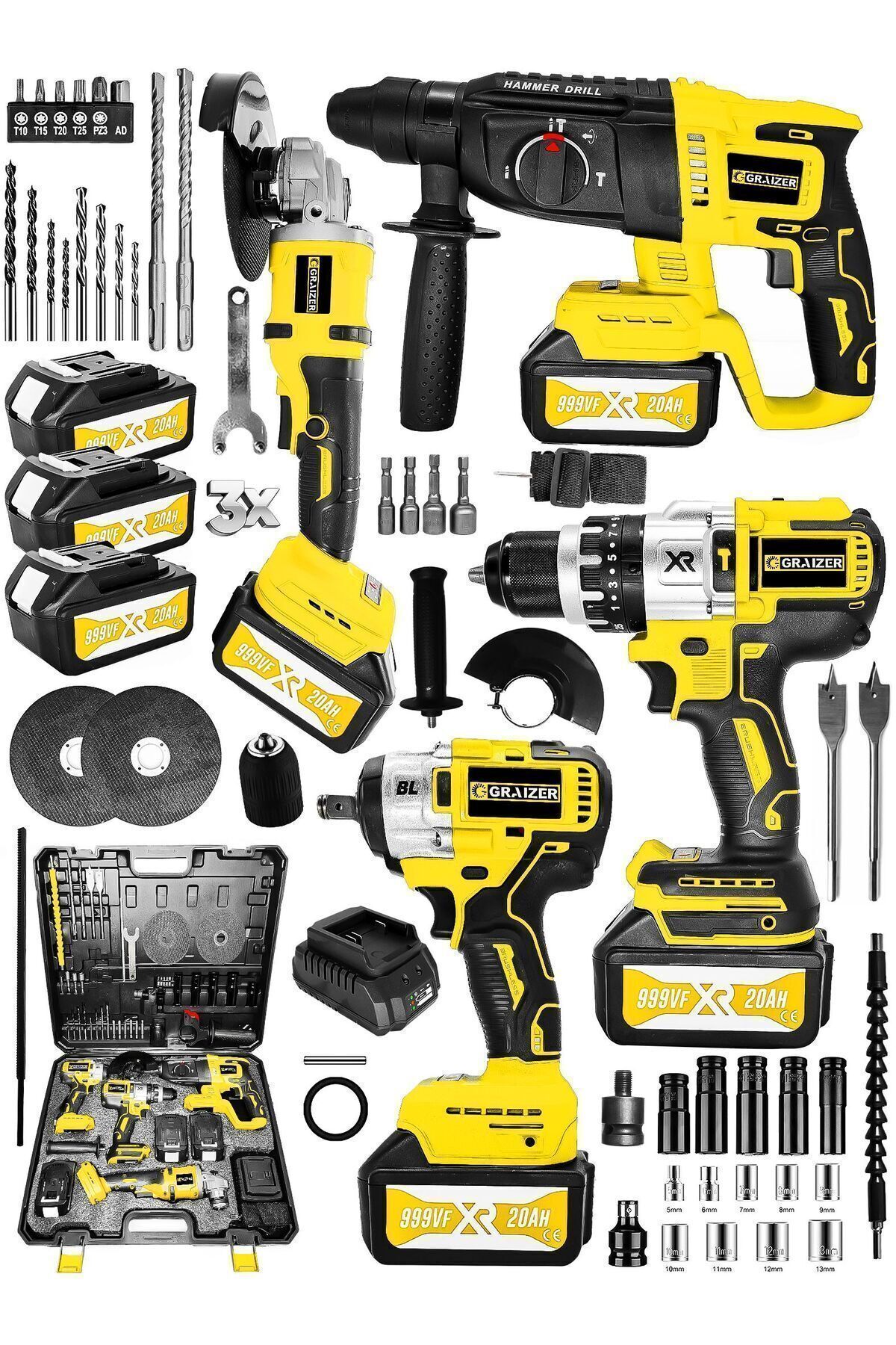 希望値段にします！GRANDE10点セット Graizer Alman 999 Vf 20 Ah 4 Lü set Akülü Şarjlı Kırıcı Delici