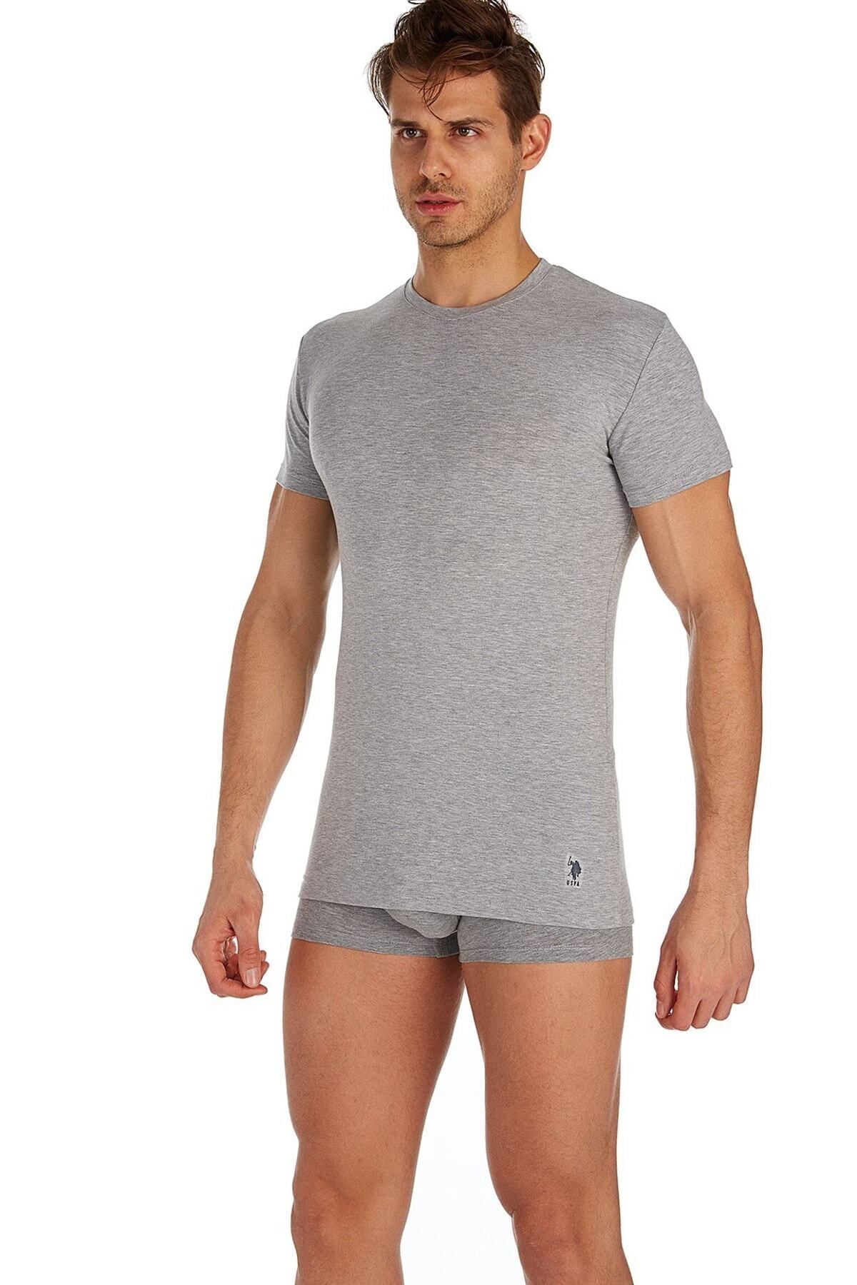 یو اس پولو تاپ مردانه یقه گرد خاکستری ملانژ دو عددی