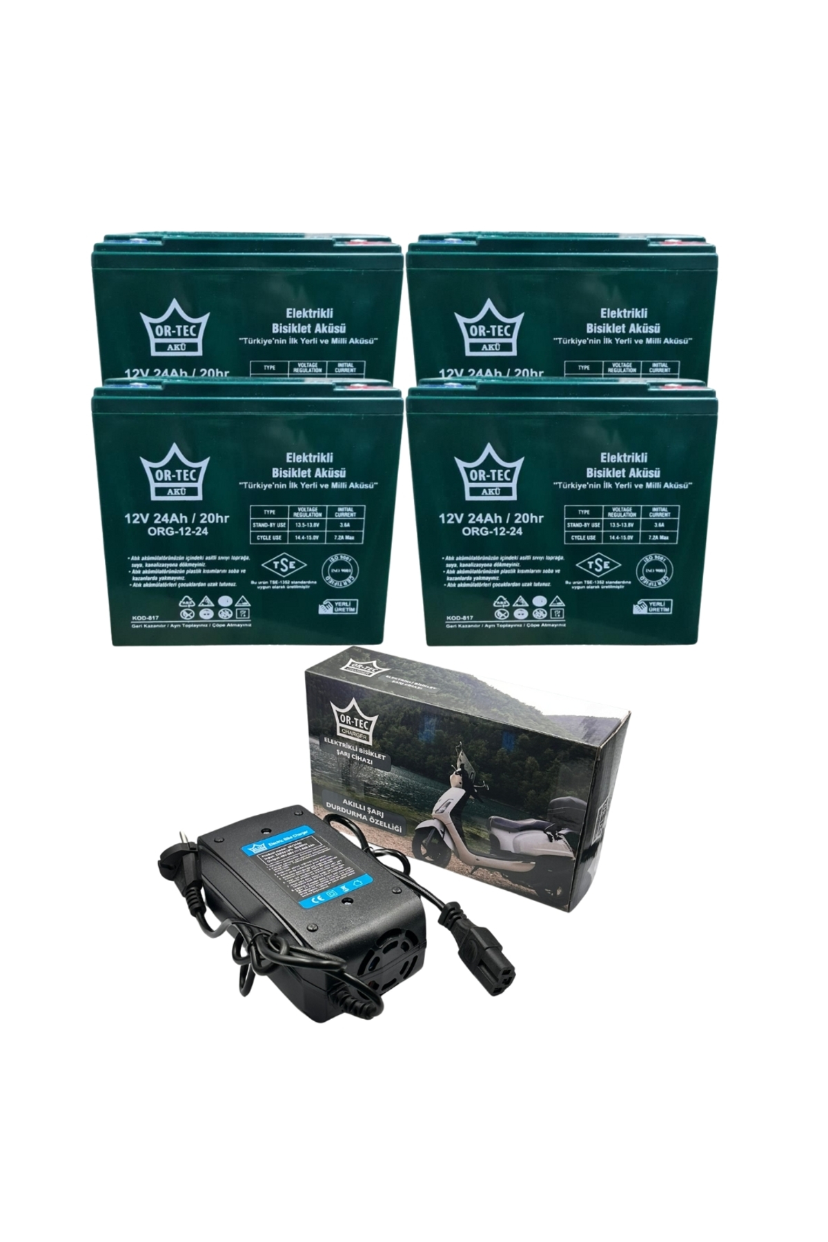 ORTEC 12v 24 Ah Elektrikli Bisiklet Aküsü 4'lü Set Jel Akü ve Ortec 48v 24ah Şarj Cihazı Seti