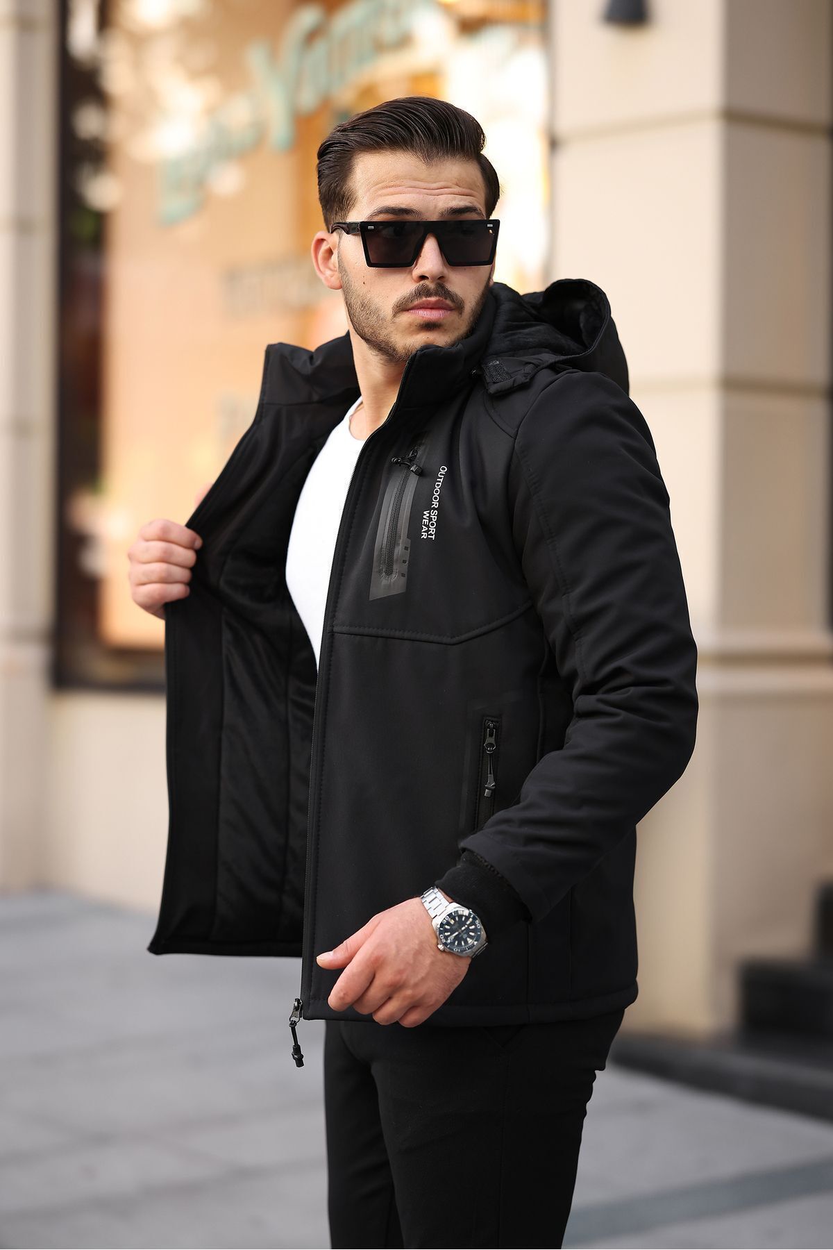 کت بادی مشکی Softshell مشکی با کلاه در فضای باز و خز لحافی ضد باد با فیبر Mero Life