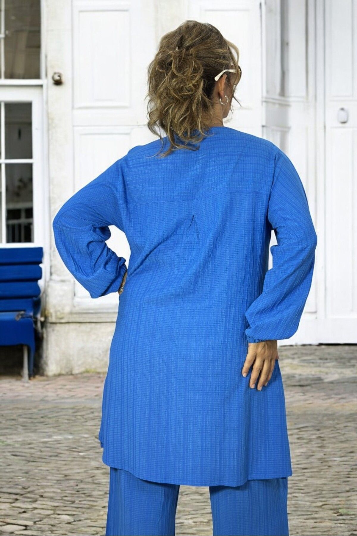 yagmurberen-Plus Size - Split and Rhinestone Printed Long Tunic, Elastic Waist Pants and Burlap Set of Two 7