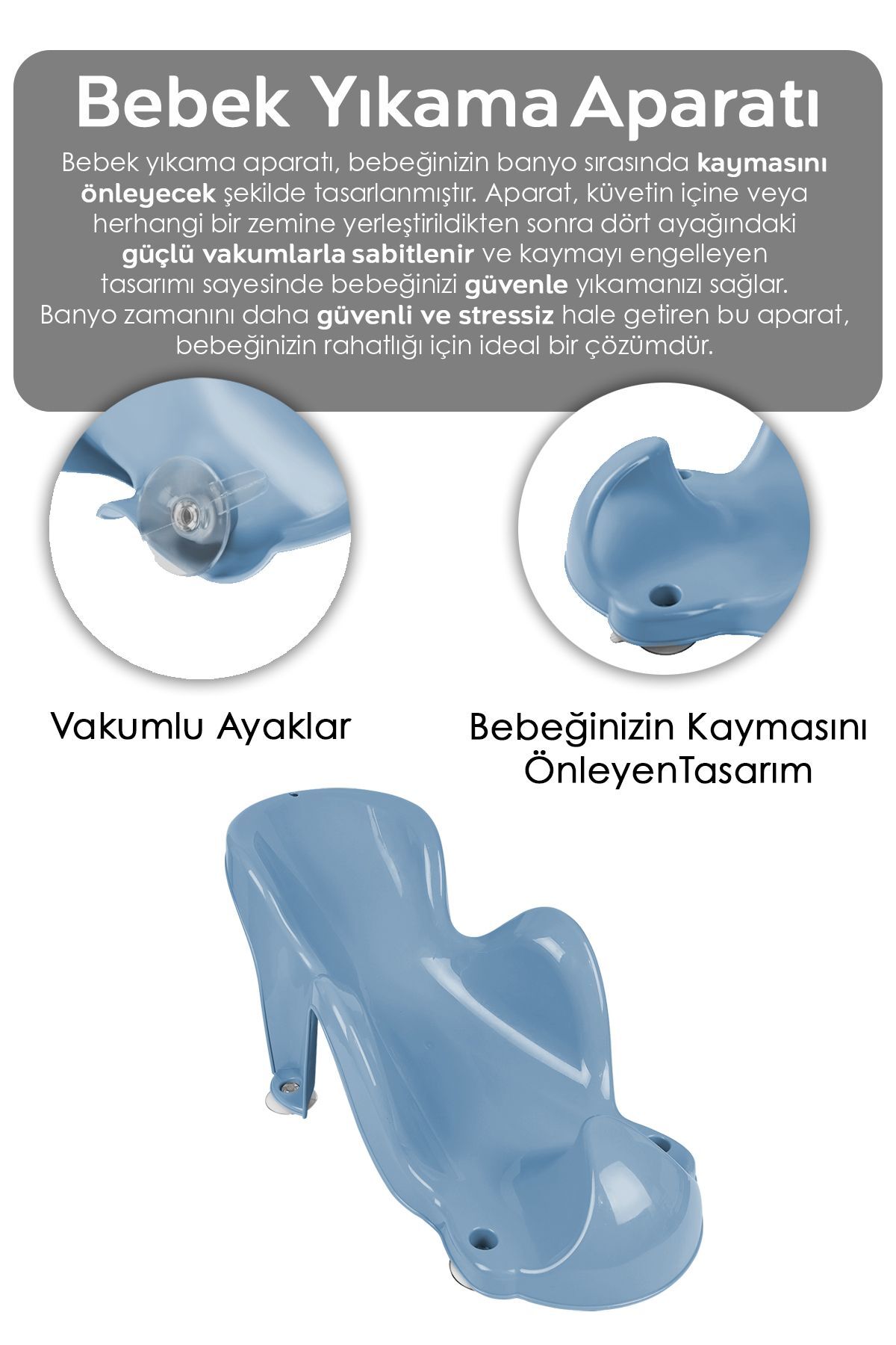 Vakum Tabanlı Bebek Yıkama Banyo Aparatı - Bebek Yıkama Koltuğu Küvet Oturağı - Mavi 2