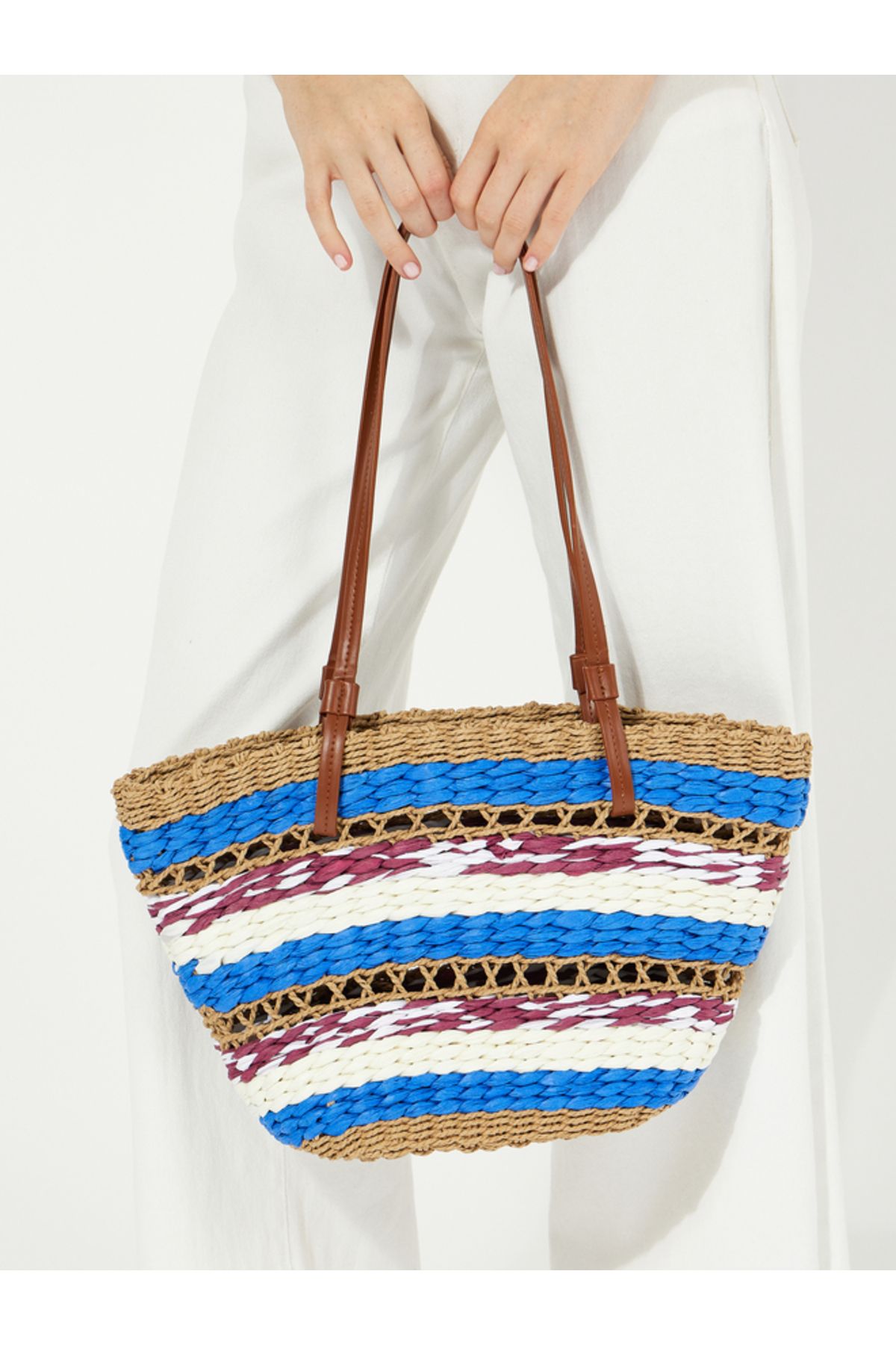 Styli-Raffia Color Block Open Shoulder Bag 3