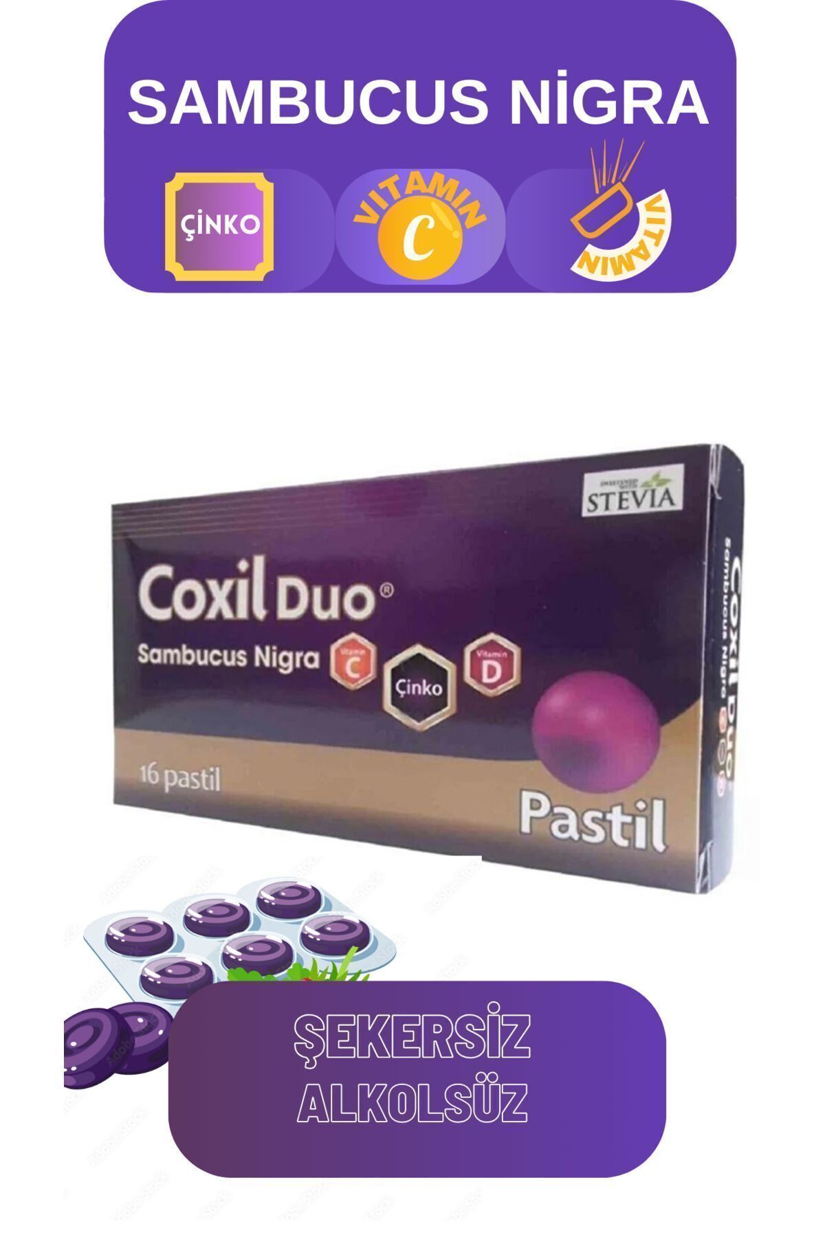 Stevia Coxil Duo Boğaz Pastili Çinko, C vitamini, D vitamini,ağız kokusu,ağız yarası,öksürük,boğazda yanma