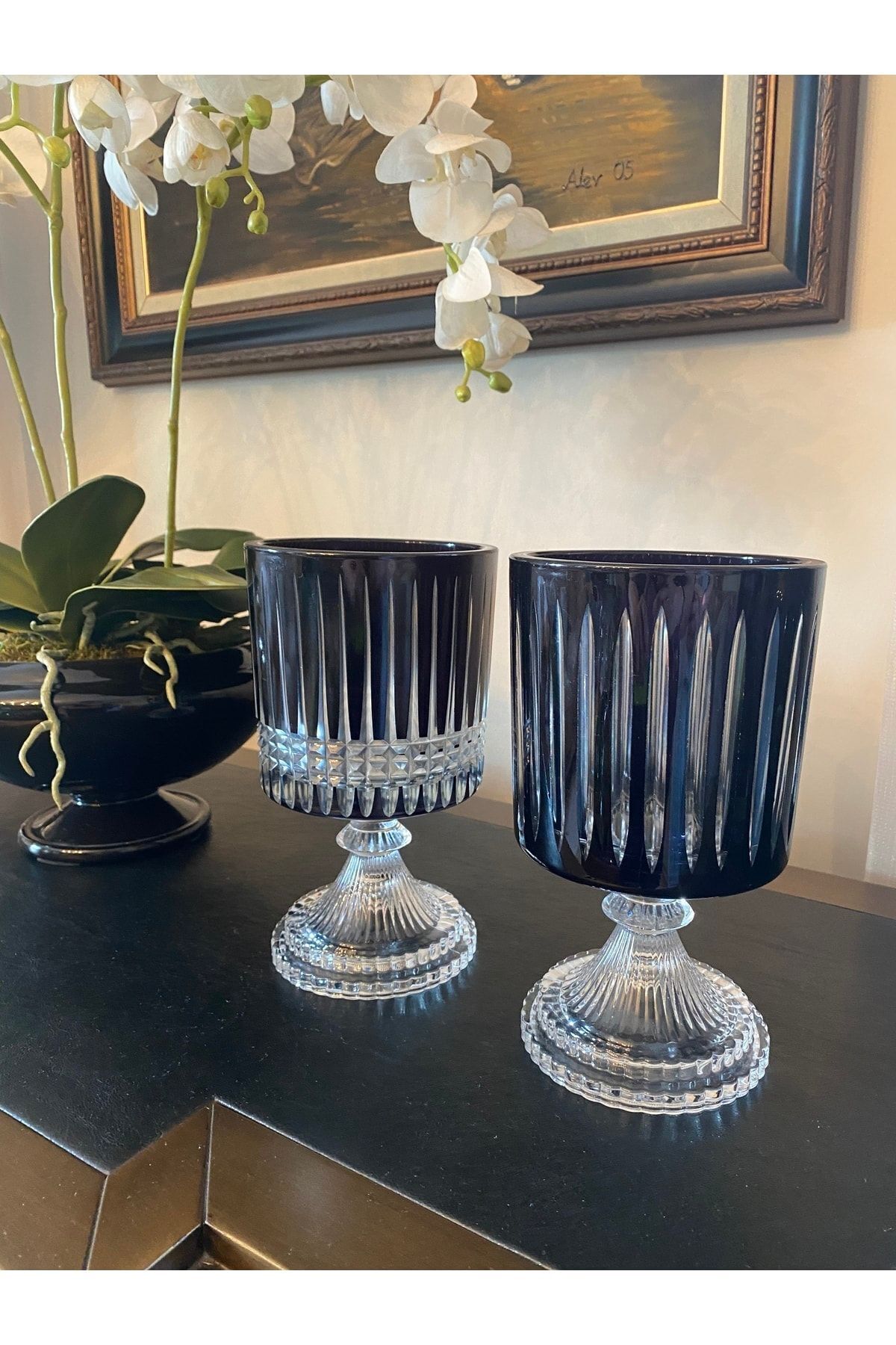 Dekoratif Home Dekoratif Siyah Desenli Ayaklı Mumluk Vazo