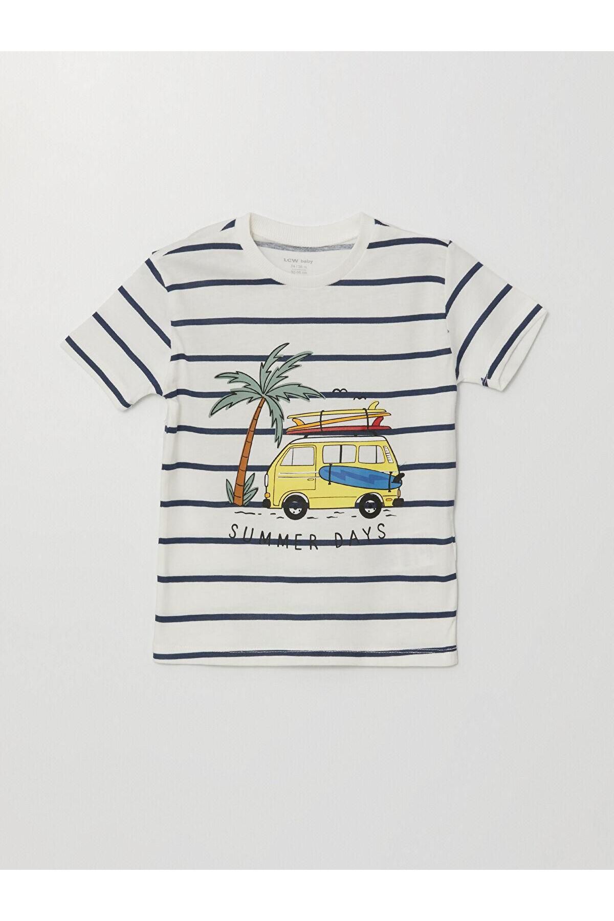 تی شرت و شورت 2 تایی یقه راه راه نوزادی LCW Ecru Baby Ecru Printed LC Waikiki
