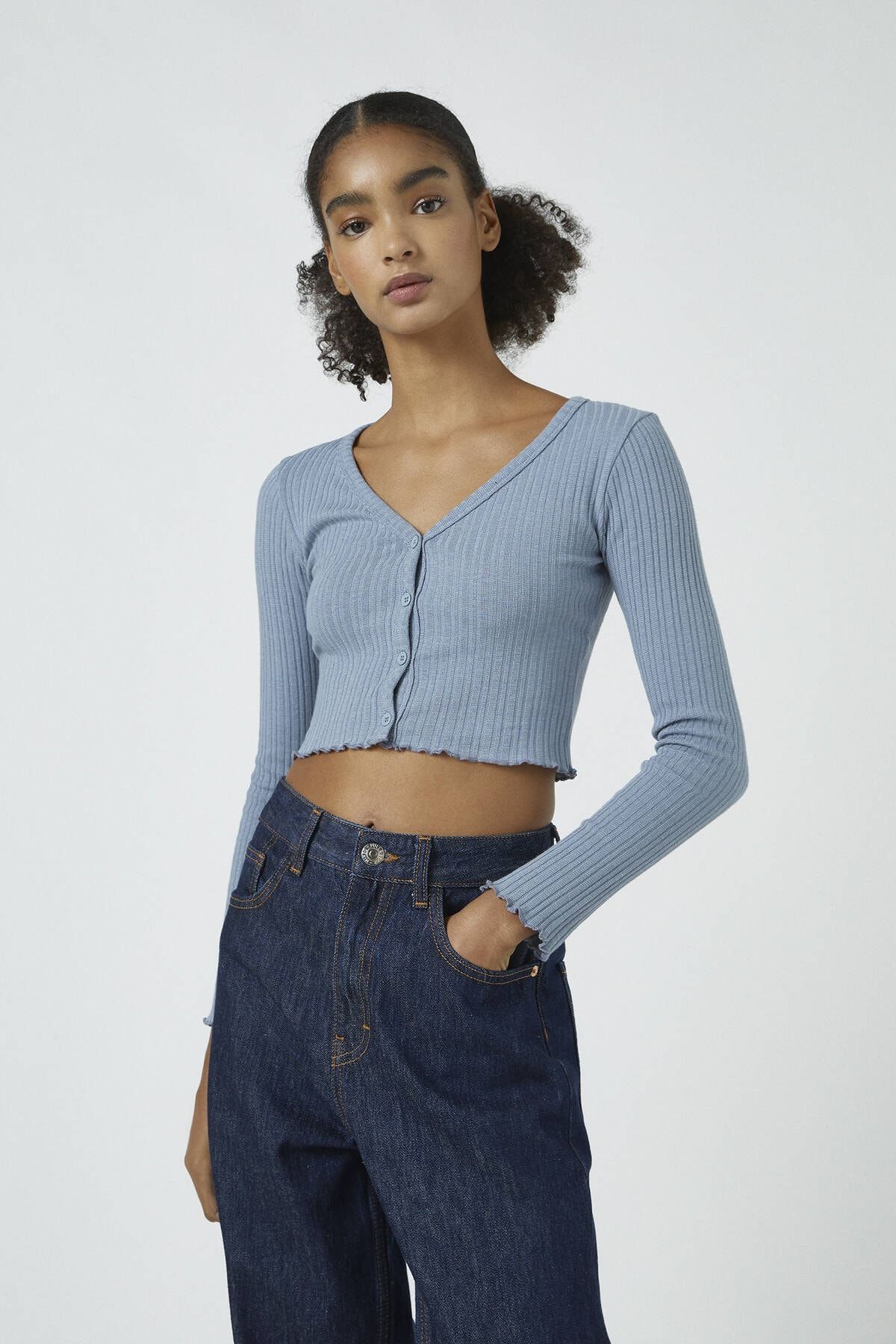 Pull Bear Kadin Mavi Dugmeli Fitilli Crop Top 09249339 Trendyol