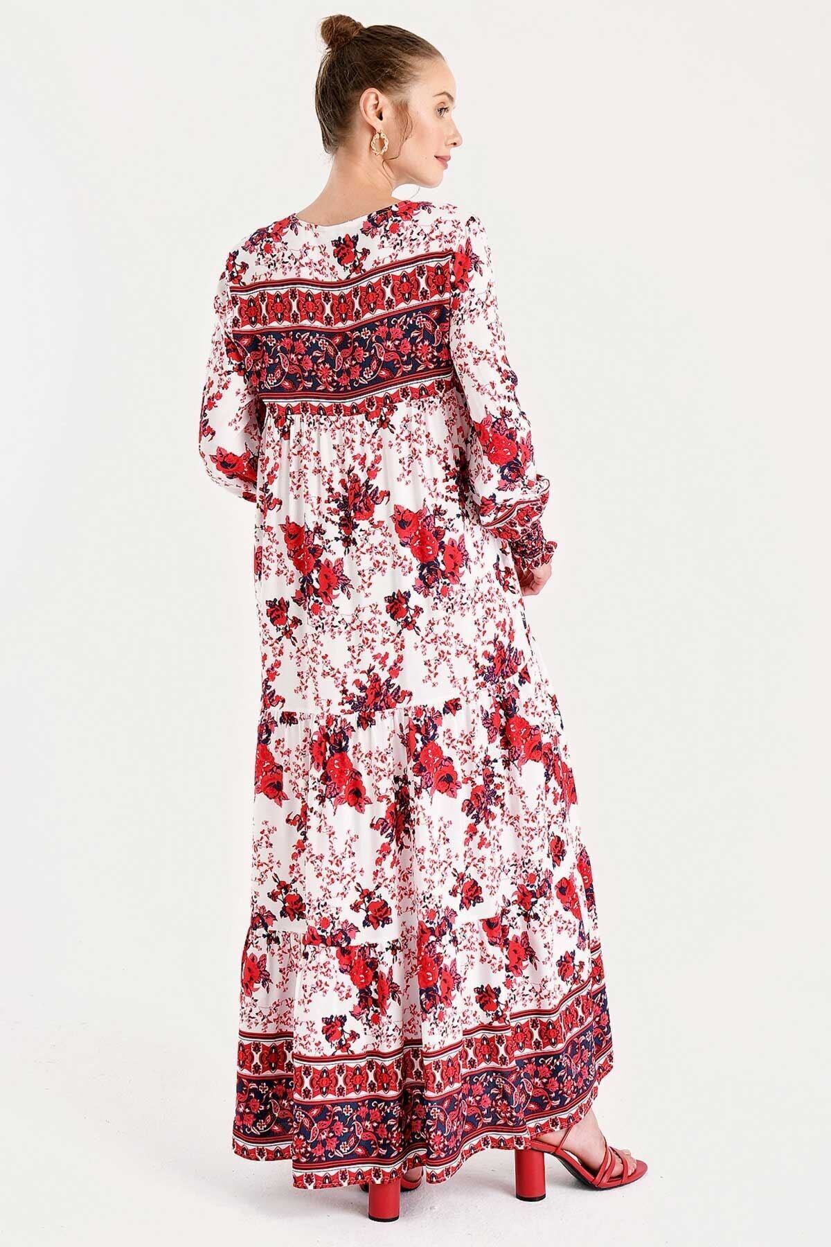 Bigdart-Women's Red Sleeve Gathered Robe Floral Pattern Dress 3