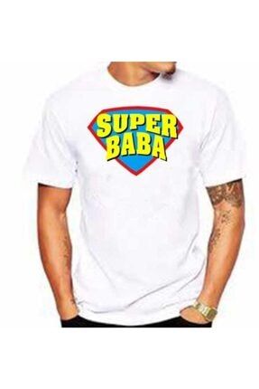 Erkek Beyaz Babalar Günü Hediyesi Super Baba Baskılı Tişört hp-sprbbtshirt01