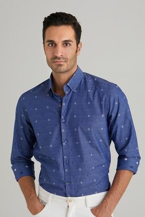 Dufy Beyaz Desenli Pamuklu Polyester Erkek Gomlek Slim Fit Trendyol