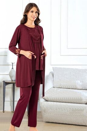 Tampap Kadin Bordo Lohusa Gecelik Hamile Pijama Takimi 3 Lu Takim Emzirme Detayli 3831 Trendyol