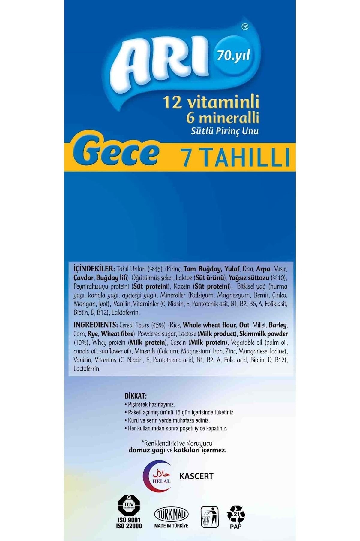 Arı Mama Pirinç Unu 200gr Gece 7 Tahıllı Sütlü (12 Li Set) fotoğrafı 3 (önizleme)