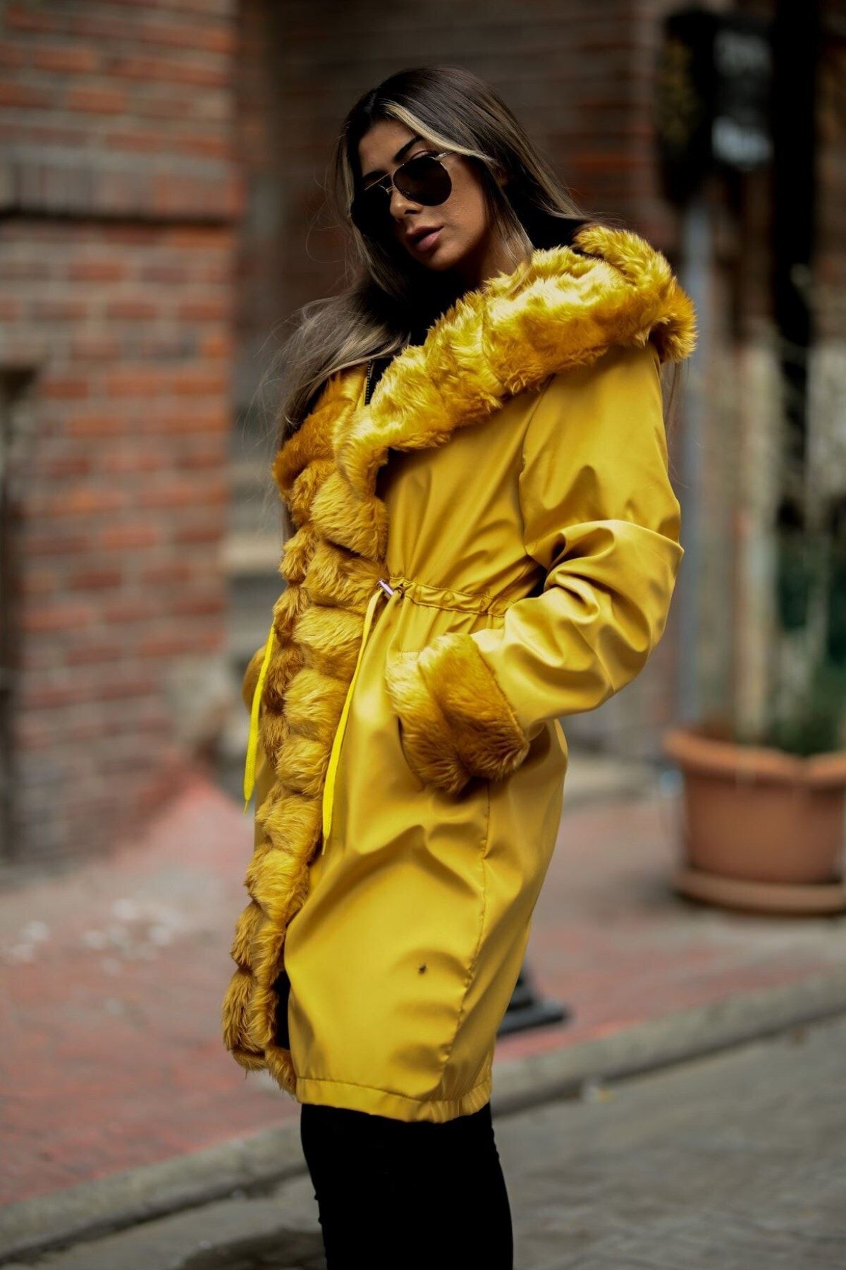 Mustard yellow coat with sales fur hood