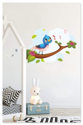 Bulutlar Ağaç Dalı Ve Şarkı Söyleyen Sevimli Kuş Çocuk Odası Dekoratif Duvar Sticker arcodu000011