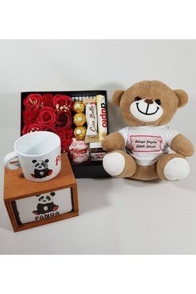 Sevgiliye Hediye Gül Kutusunda Estrella Çikolata Dünya Güzeli Panda Kutulu Kupa Set HAN-1003