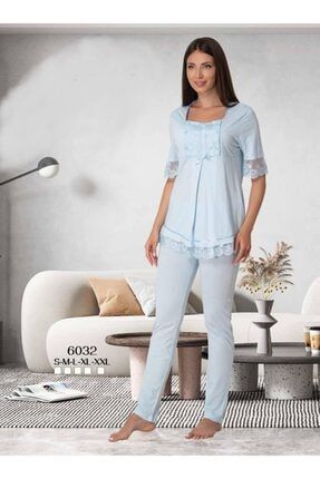 Effort Kadın Mavi Dantel Kollu Düğmeli Lohusa Hamile Pijama Takımı LEF6032