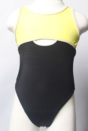 Ayl Kız Çocuk Siyah-k.sarı Düz Renk Yüzücü Model Sırt Bağlamalı Renk Bloklu Düz Mayo 152 ÇMD152