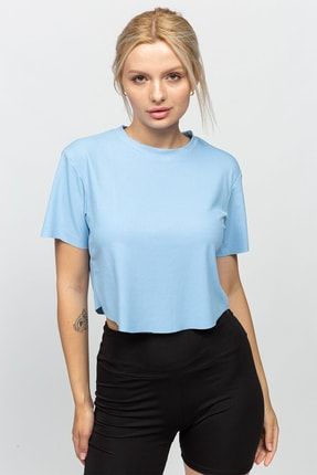 Kadın Mavi Lazer Kesim Fitilli Tshirt MM0007RKK