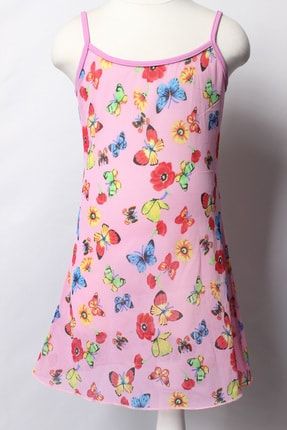 Ayl Kız Çocuk Pembe Kelebek Ve Çiçek Desenli Askılı Biye Detaylı Tül Deniz Elbisesi 167-111 ÇAK167-111